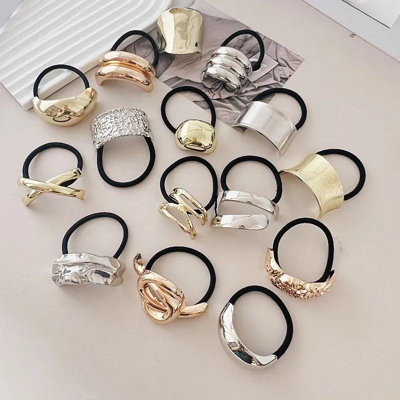 Minimalist Metal Geometric Elastic Hair Ties For Women Zinc Alloy Hammered Textured Ponytail Holders Luxury Accessories