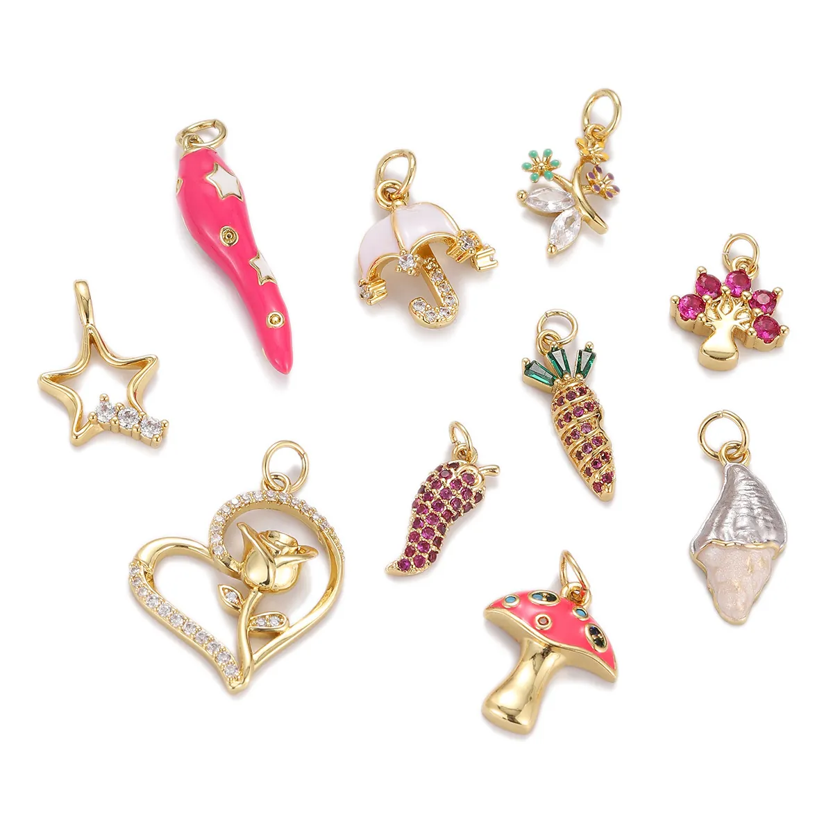 DIY Charms Pendants Copper Gold Plated Zircon Enamel Heart Rose Mushroom Umbrella Star Carrot Chili Shell Tree Of Life