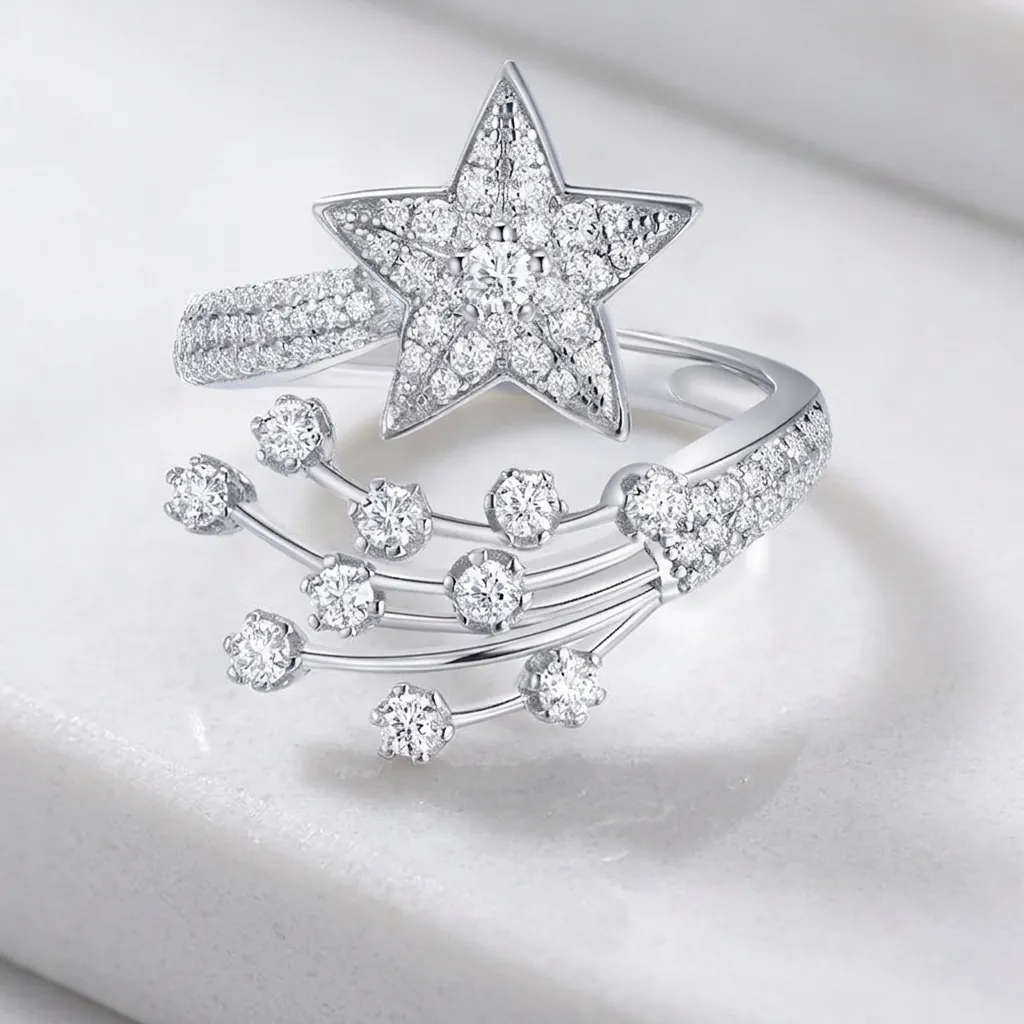 Anello Stella Moissanite Argento Sterling S925 Elegante Stella Cadente Cometa Matrimonio Fidanzamento Gioielli Per Donne Luccicante