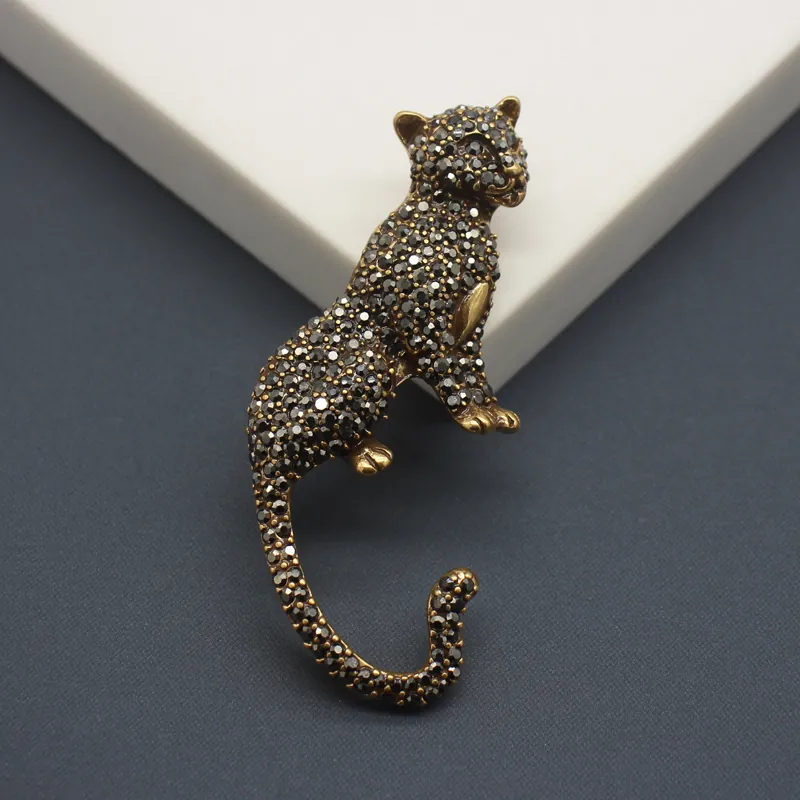 Vintage Leopard Brooch Zinc Alloy With Black Rhinestone Animal Shape Retro Style Jewelry For Women