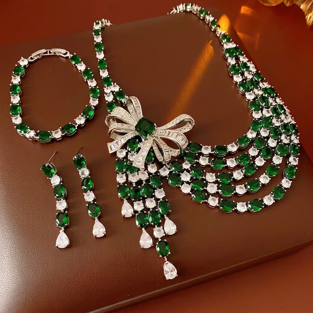 Collier Bracelet Boucles Oreilles Pampilles Zircon Vert Émeraude Avec Tige En Argent Cuivre Bijoux Élégants Pour Femmes