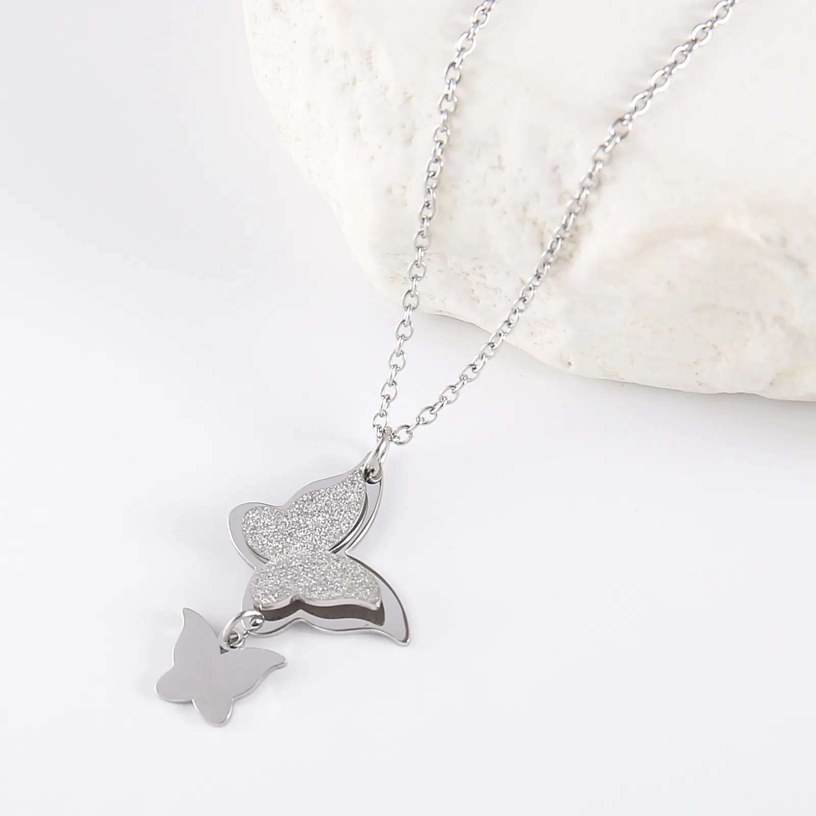Butterfly Pendant Necklace 304 Stainless Steel Frosted Polished Double Butterflies Clavicle Chain Jewelry For Women