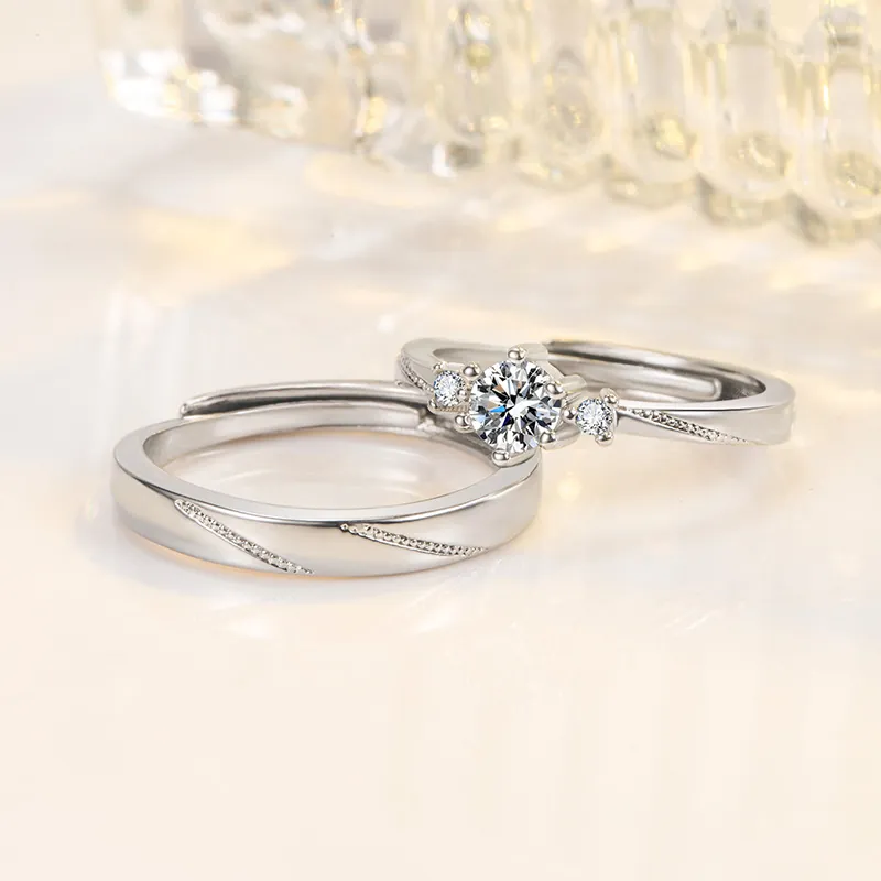 Minimalist Couple Rings For Lovers Copper With Cubic Zirconia Four Prong Setting Open Adjustable Proposal Engagement Jewelry