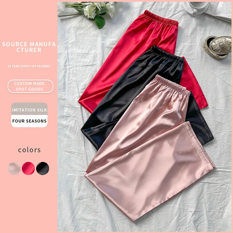 Women Imitation Satin Loungewear Pants Satin Sleep Trousers Straight Leg Elastic Waist Breathable Comfortable Home Wear