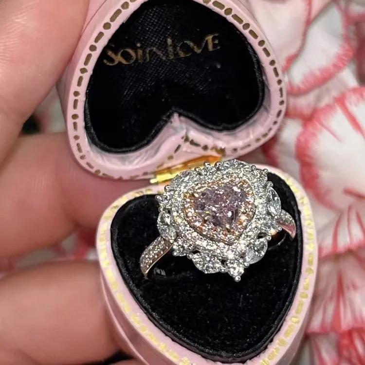 Lussuoso Anello Aperto a Cuore Rosa con Strass per Donna in Rame Placcato Argento Anello Regolabile Regalo Gioielli