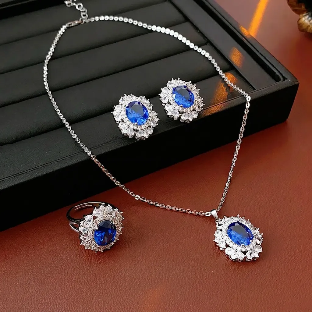 Gioielli Lusso Vintage Collana Orecchini Anello Donne Rame Placcato Argento Pietra Blu Ovale Strass Halo