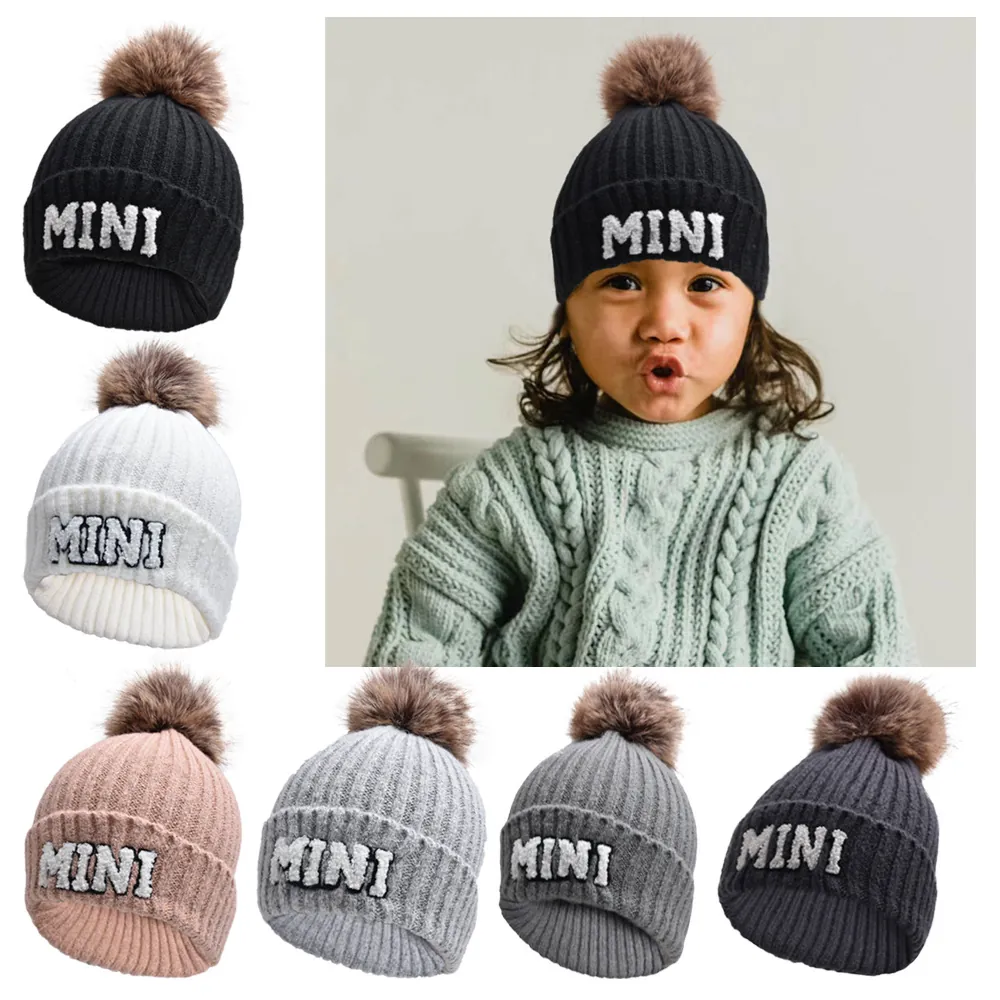 Knitted Beanie Hat With Faux Fur Pom Pom MAMA MINI Letter Embroidery Winter Warm Parent Child Matching Women Kids