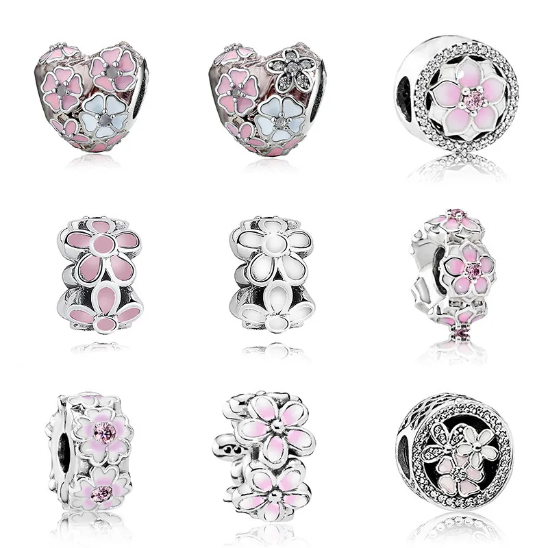 Flower Charm Beads Alloy Enamel Rhinestone Peach Blossom Magnolia For DIY Jewelry Making Bracelet Necklace Accessories