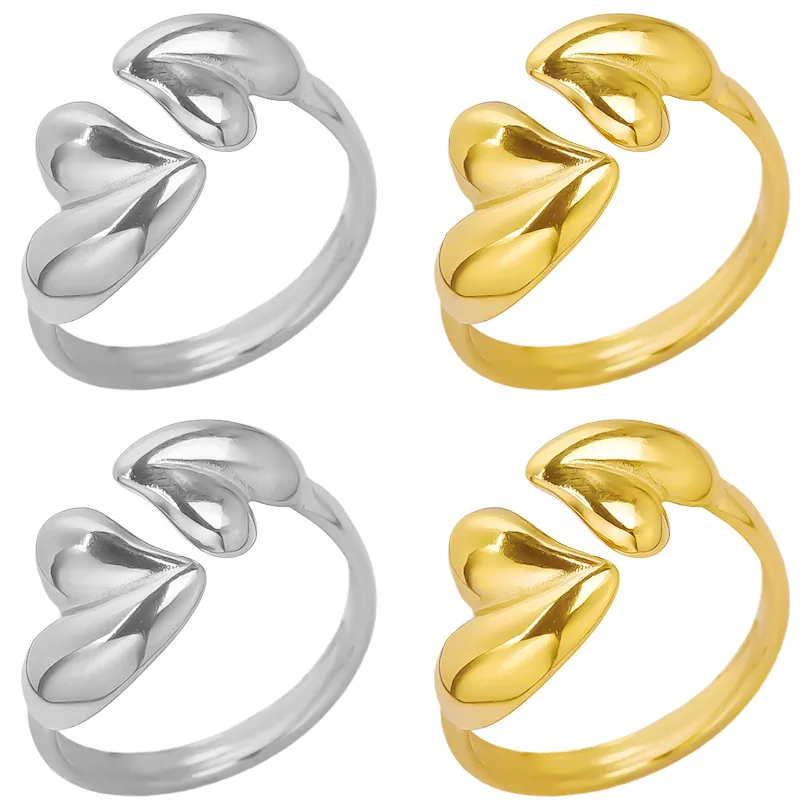 Anello Aperto Doppio Cuore Acciaio Inossidabile 304 Placcato Oro 18K Regolabile Lucido Gioielli Di Moda Per Donna