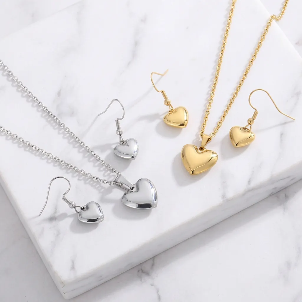 Parure Bijoux Coeur Acier Inoxydable Collier Boucles Oreilles Pour Femmes Poli Minimaliste Élégant Cadeau Quotidien