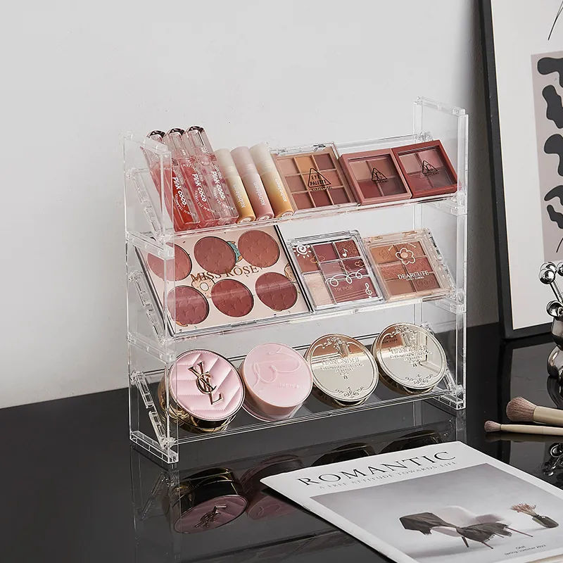 Transparent Acrylic Makeup Organizer Tiered Display Stand For Eyeshadow Palettes Powder Desktop Vanity Storage Rack Clear