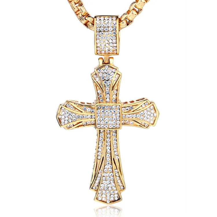 Iced Out Cross Pendant Necklace Large Rhinestone 316L Stainless Steel For Men Women Trendy Hip Hop Punk