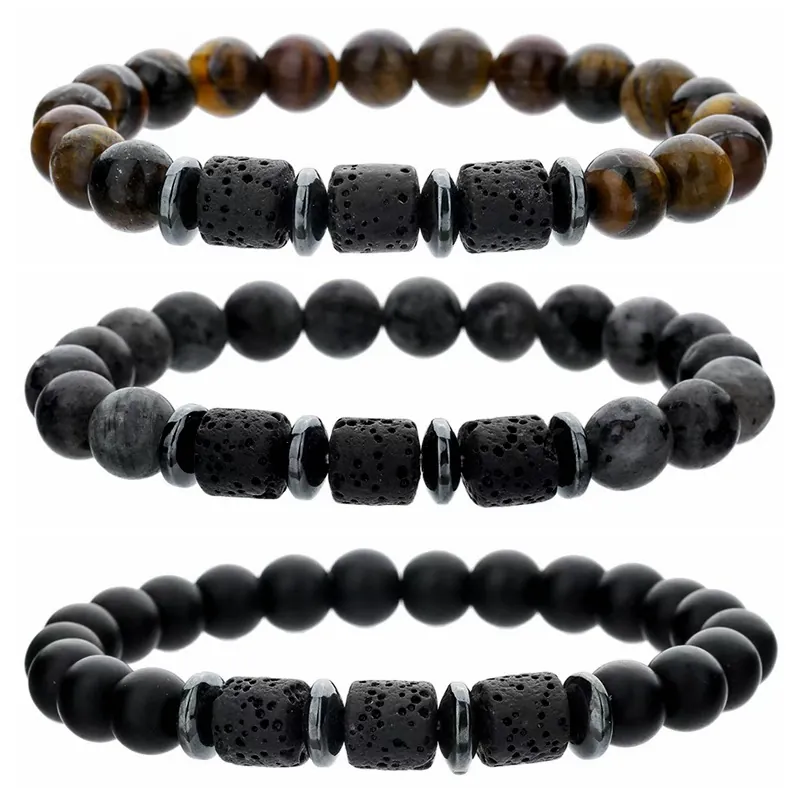 Bracciale Perline Nautico Occhio Di Tigre Pietra Lavica Ancora Timone Gioielli Retro Elastico Fatto A Mano Uomini Donne