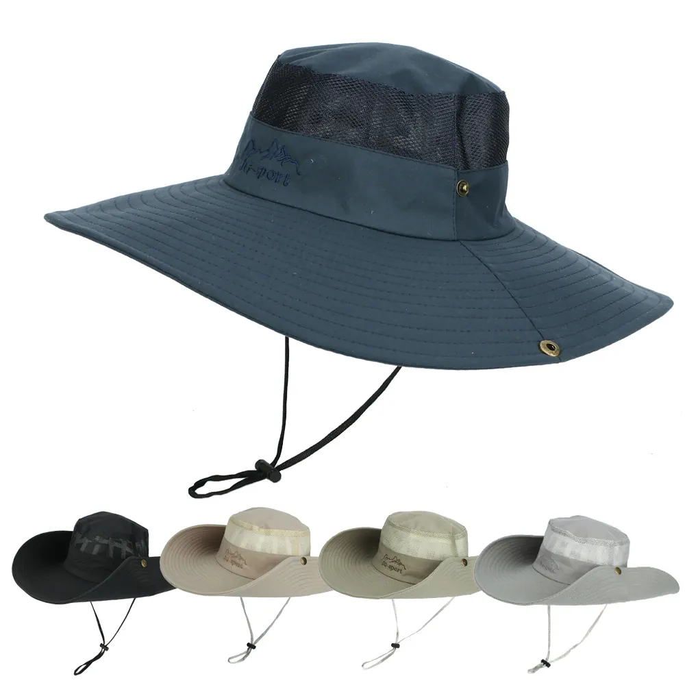 Men's Wide Brim Sun Hat Mesh Breathable Fishing Hiking Hat Adjustable Windproof Rope Outdoor Summer Boonie Hat