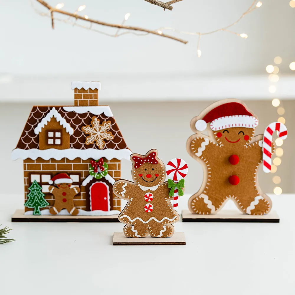 Décoration de Bureau Noël Maison Bonhomme de Pain d'Épices Feutre Bois Figurine de Noël Ornement pour Fête Maison