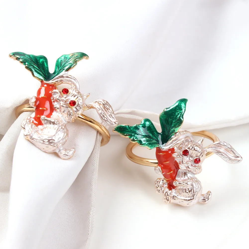 Rabbit Napkin Ring Metal Bunny Carrot Enamel Rhinestone Easter Thanksgiving Table Decoration Dinner Banquet