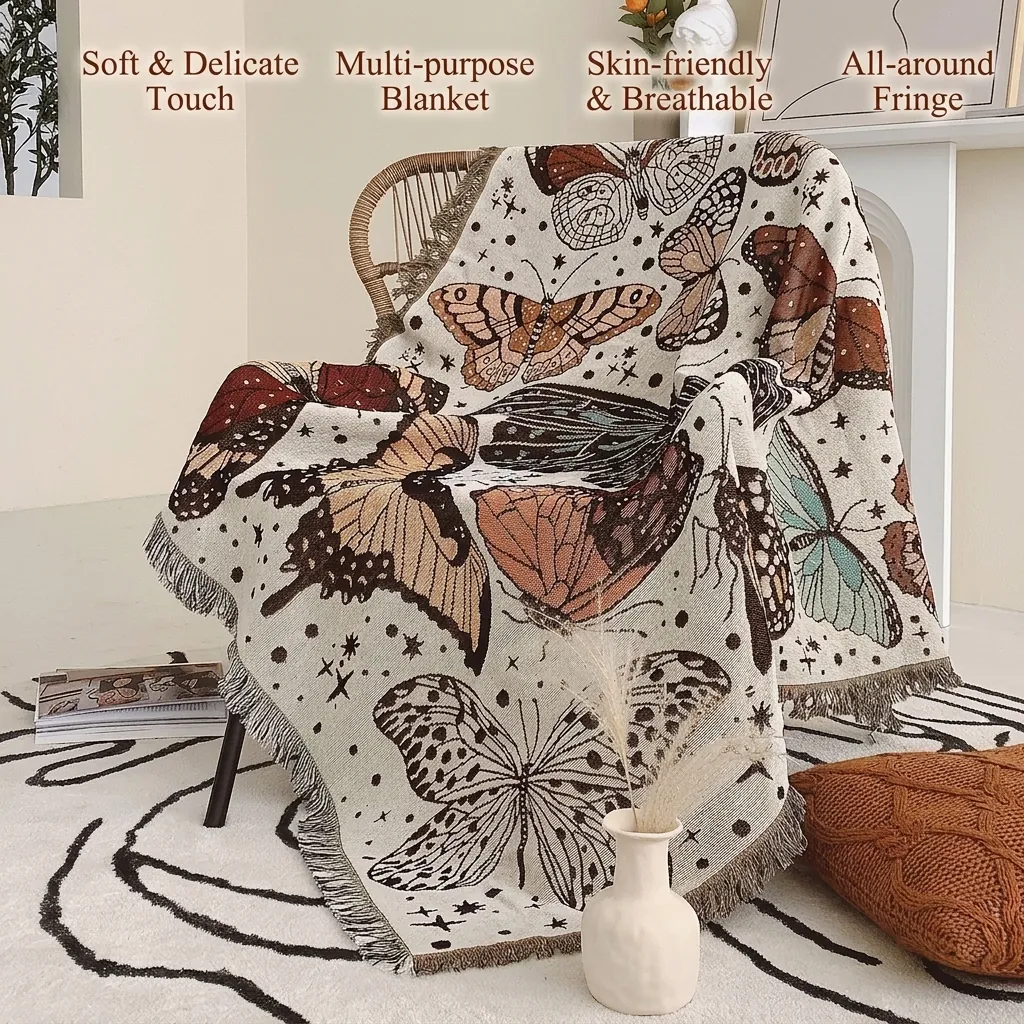 Butterfly Pattern Woven Throw Blanket Cotton Jacquard Bohemian Decorative Tapestry With Tassels For Sofa Bed Picnic