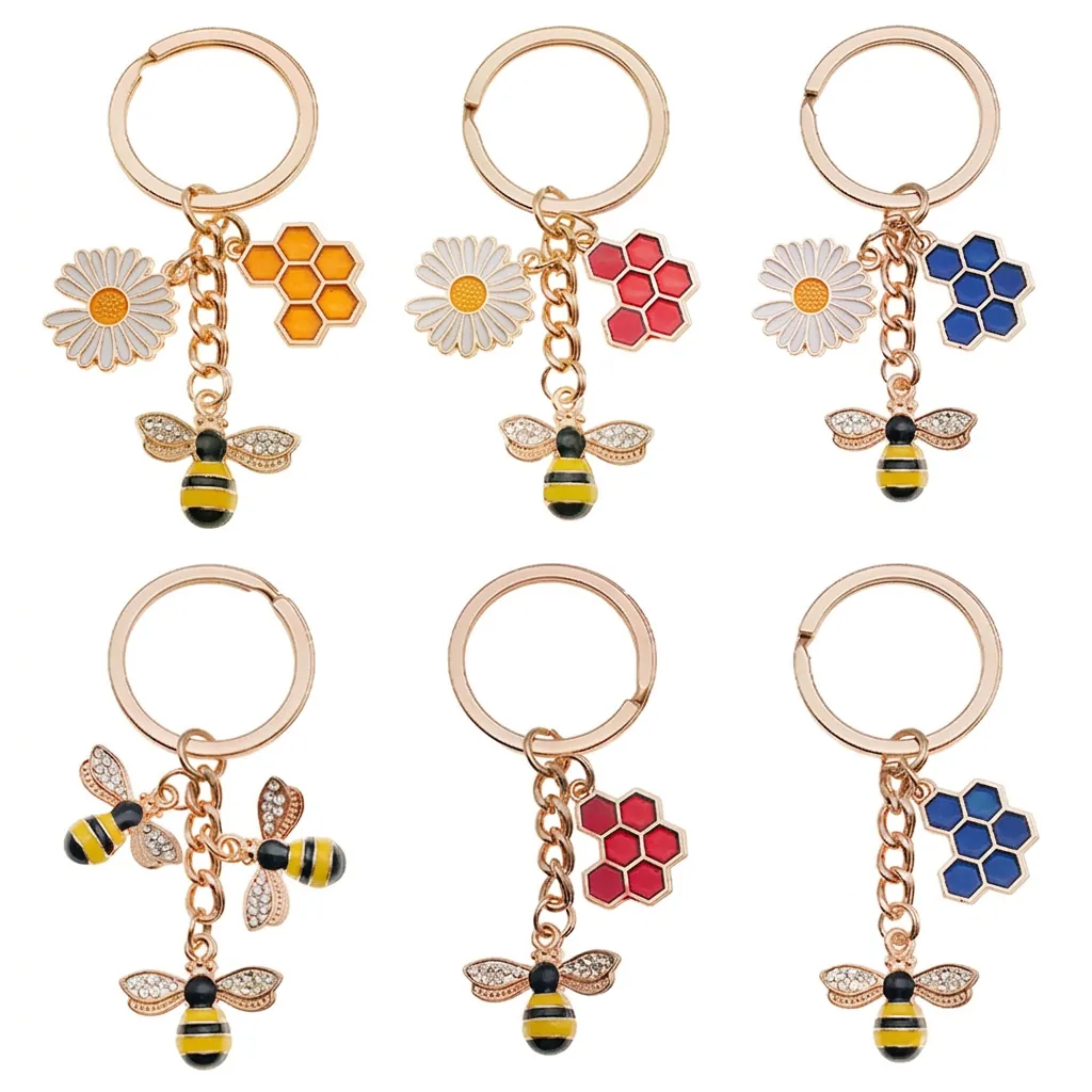 Cute Bee Butterfly Keychain Alloy Rhinestone Enamel Daisy Honeycomb Bag Charm For Women Girls Mother's Day Gift Jewelry Hanging
