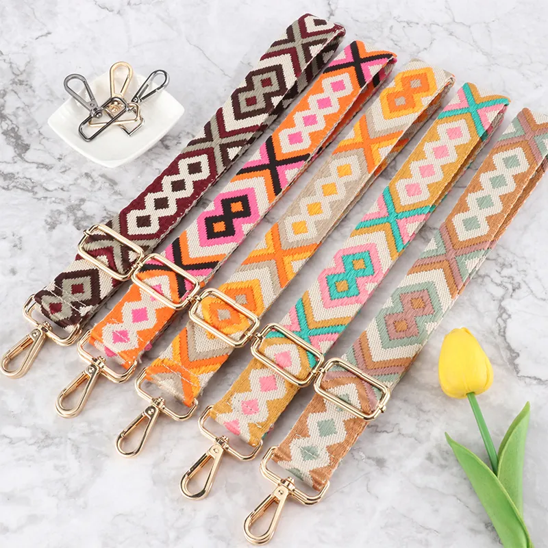 Adjustable Replacement Bag Strap Wide Geometric Ethnic Bohemian Pattern Polyester With Metal Lobster Clasp For Crossbody