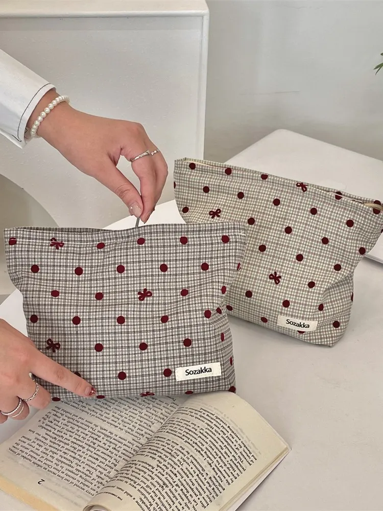 Plaid Polka Dot Makeup Bag With Bow Embroidery Large Capacity Polyester Cosmetic Storage Pouch Zipper Travel Clutch