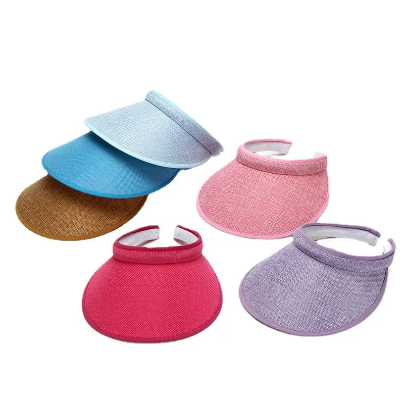 Women Summer Sun Visor Hat Empty Top Wide Brim UV Protection Polyester Straw Weave Texture Adjustable Beach Travel Cap