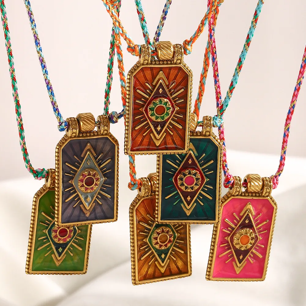 Tarot Card Evil Eye Pendant Necklace Stainless Steel 18K Gold Plated Enamel Colorful Woven Rope Ethnic Style Women