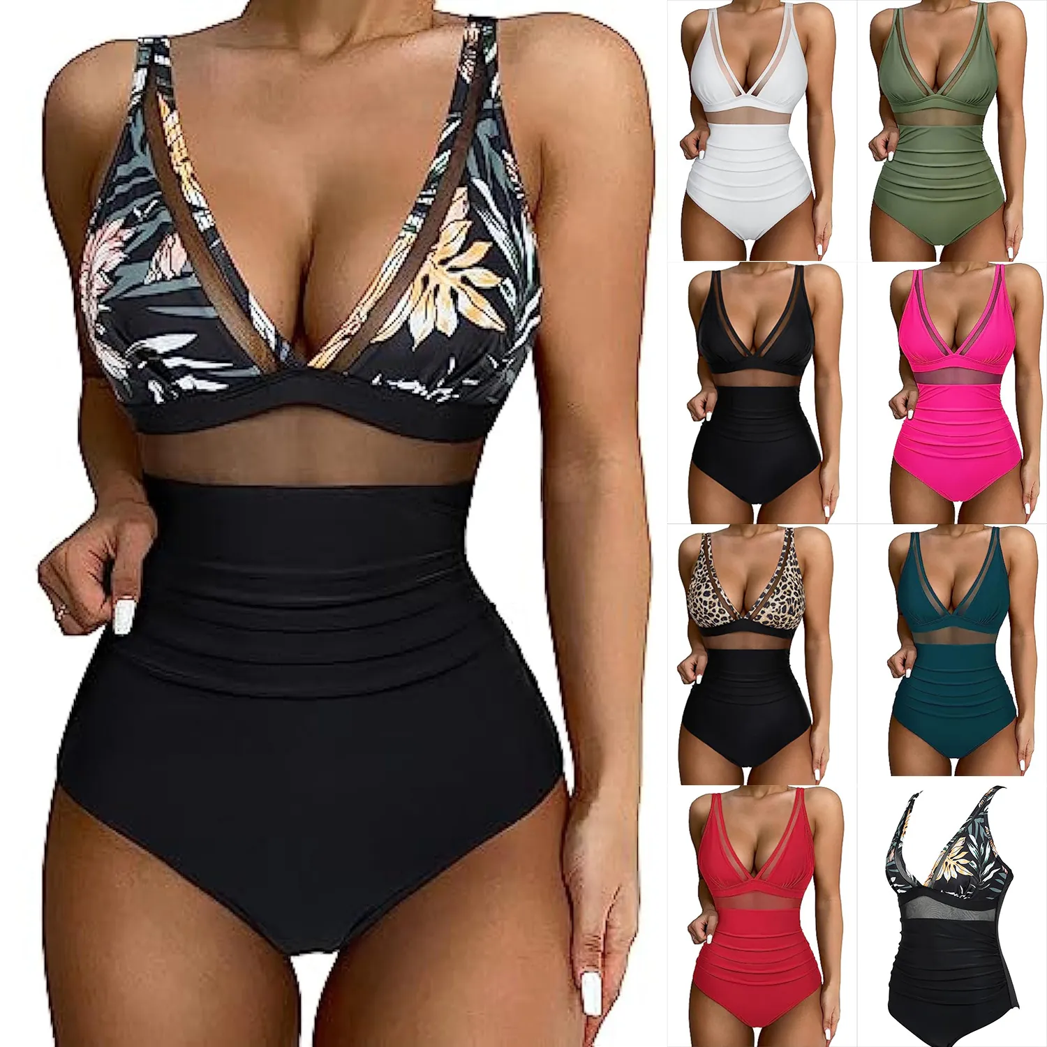 Deep V Neck Swimsuit For Women Mesh Patchwork Ruched Tummy Control Slimming Monokini Beachwear Sexy