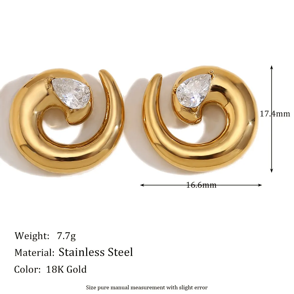 Spiral Snake Stud Earrings 316L Stainless Steel 18K Gold Plated Pear Water Drop Clear Zircon Niche Design Jewelry Women