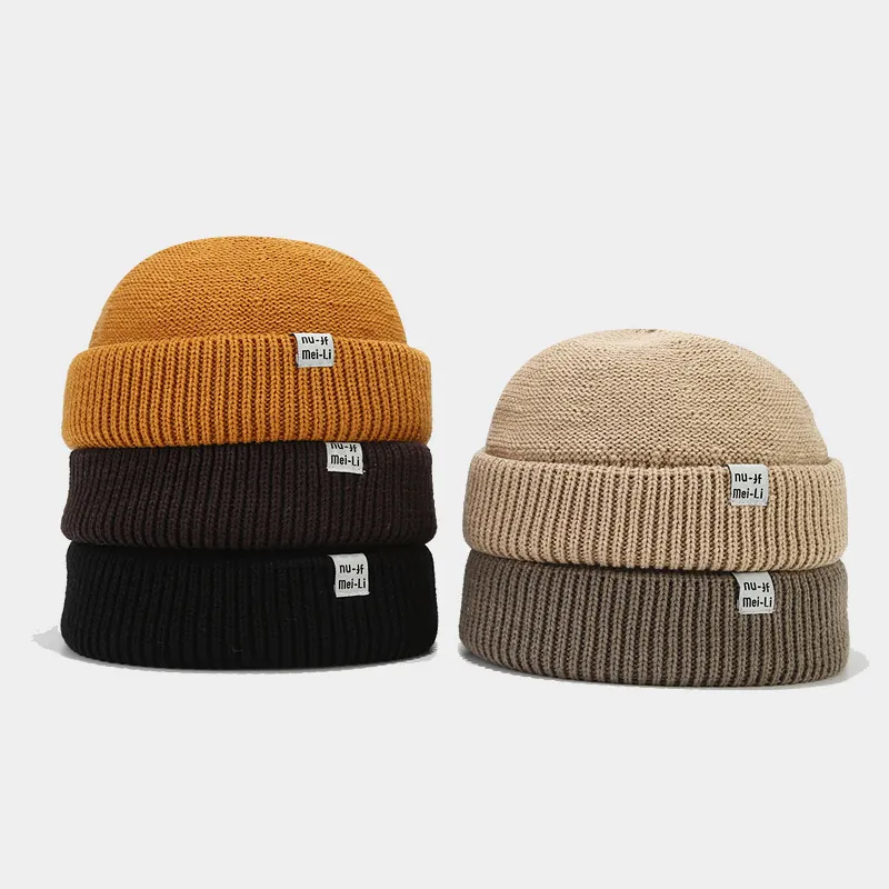 Vintage Brimless Knitted Beanie Hat Acrylic Docker Landlord Skullcap With Letter Patch For Men Women