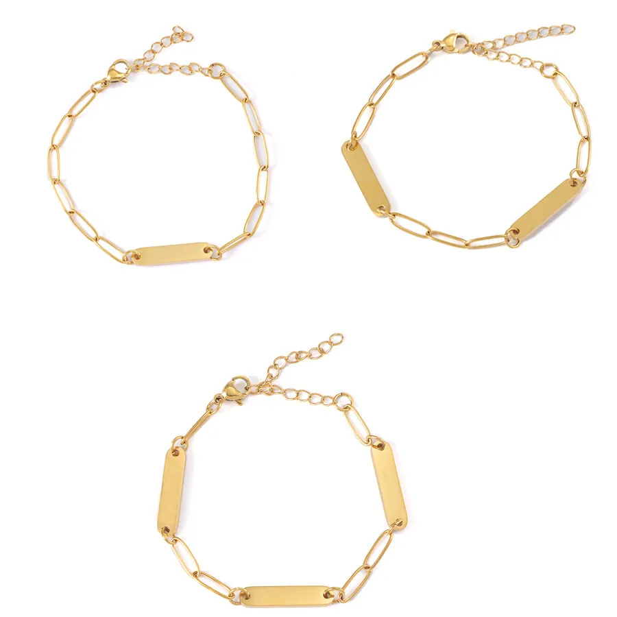 304 Stainless Steel 18K Gold Plated Paperclip Link Bracelet With Blank Rectangle Bar Pendant Plain Jewelry For Women Men