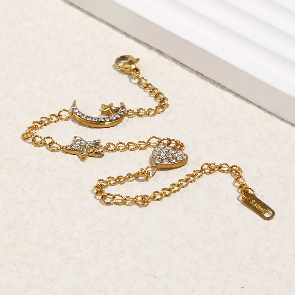 Bracelet À Breloques Femme Acier Inoxydable Plqué Or 18K Lune Étoile Cœur Charmes Zircone Bijoux Minimalistes