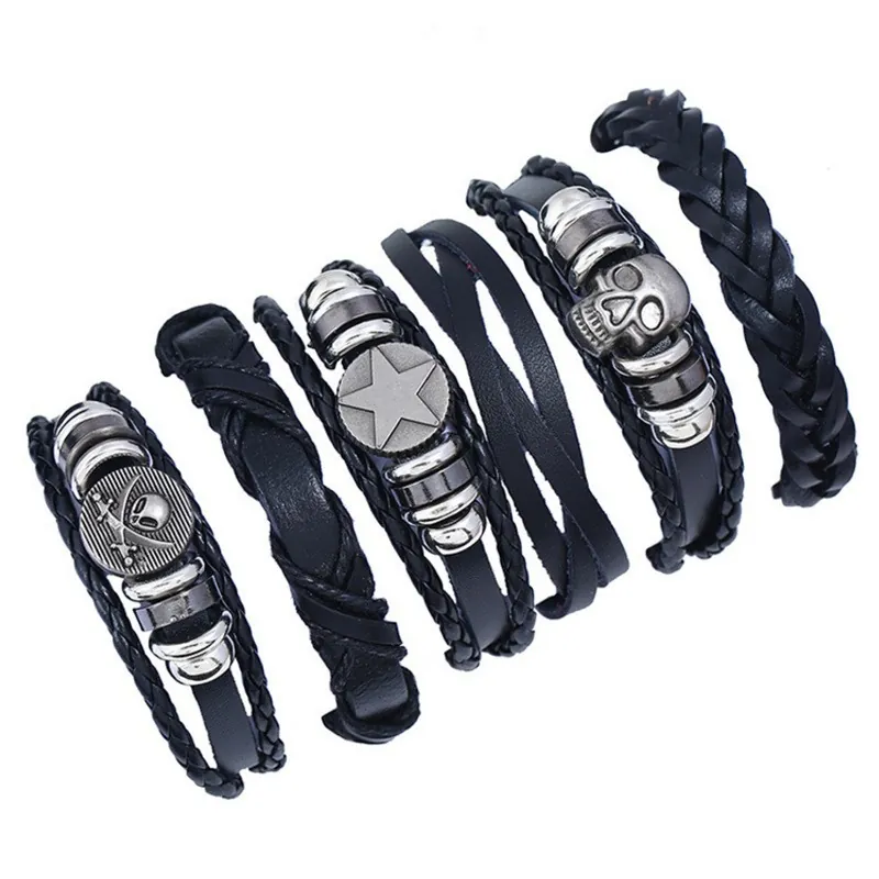 Vintage Woven Leather Bracelet For Men Women Punk Rock Multi Layer Braided Cowhide Alloy Skull Star Charms Wrap Bracelet Jewelry