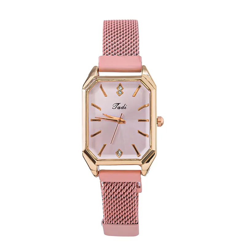 Women Rectangular Quartz Watch Alloy Case Stainless Steel Mesh Strap Octagonal Face Rhinestone Markers Elegant Milanese Wristwatch