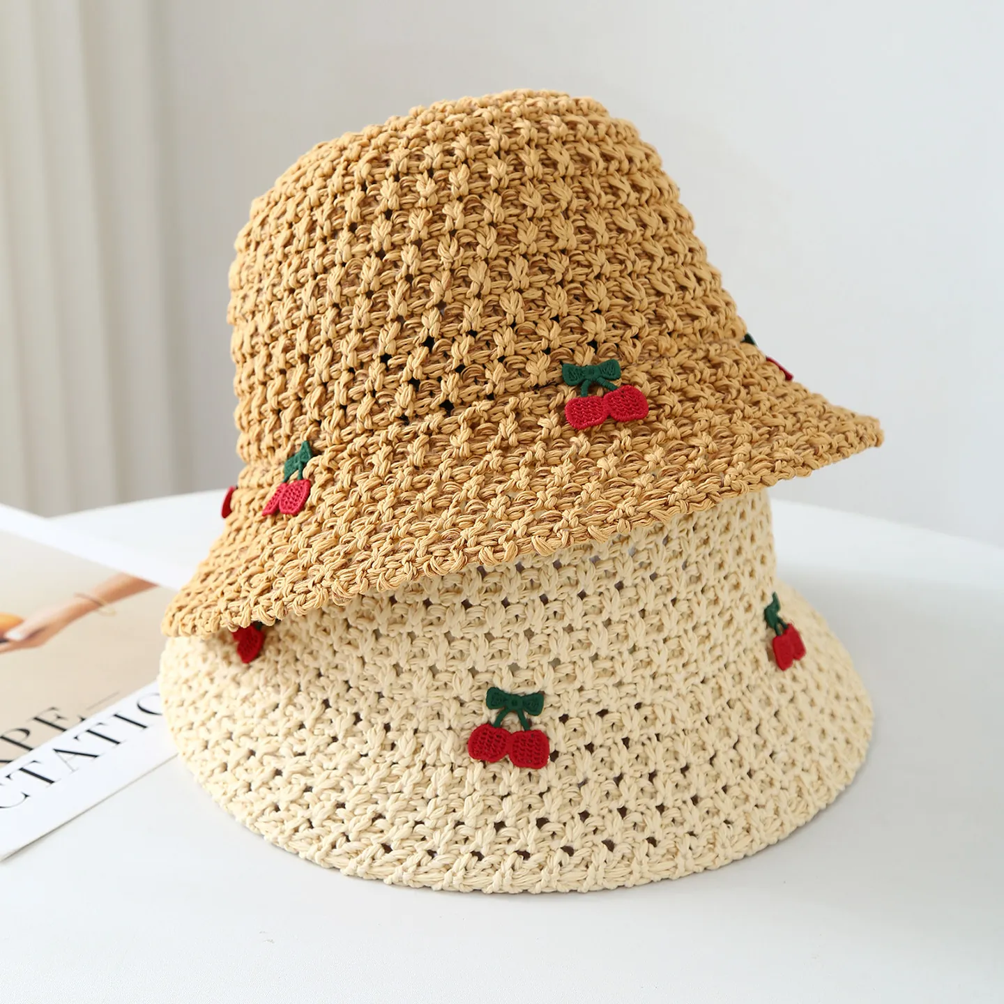 Women Straw Bucket Hat Cherry Embroidery Hand Braided Sun Protection Breathable Crochet Summer Beach Cloche Sunshade