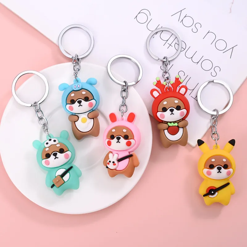 Cartoon Shiba Inu Dog Keychain PVC Soft Rubber Animal Dress Up Bag Pendant Charm Creative Gift For Friends And Kids