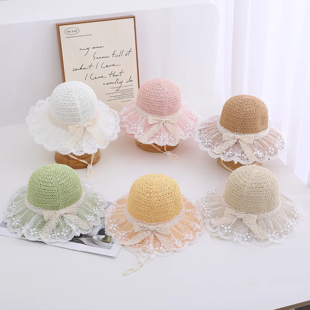 Kids Girls Summer Sun Straw Hat With Lace Brim Bowknot Breathable Beach Travel Adjustable Windproof Rope