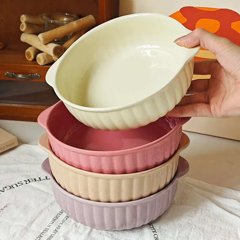 Ceramic Bowl With Double Handles Striped Ribbed Microwave Safe Soup Salad Dessert Cereal Fruit Tableware Ins Style