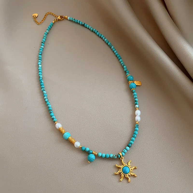 Collier Pendentif Soleil Avec Künstliche Perles En Pierre Turquoise Et Künstliche Perles D'Imitation Doré Bijoux Bohèmes Vintage Pour Femmes