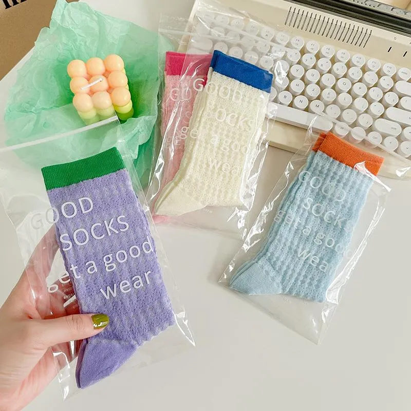 Women Mid Tube Socks Mesh Hollow Breathable Cotton Dopamine Contrast Color Summer Thin Fashion Hosiery