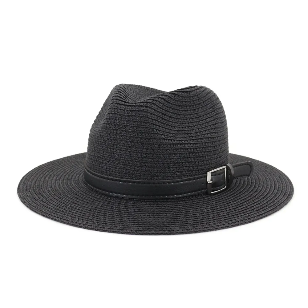 Women Straw Fedora Hat Wide Brim Summer Beach Sun Protection Panama Style Paper Weaving With Buckle Band Adjustable