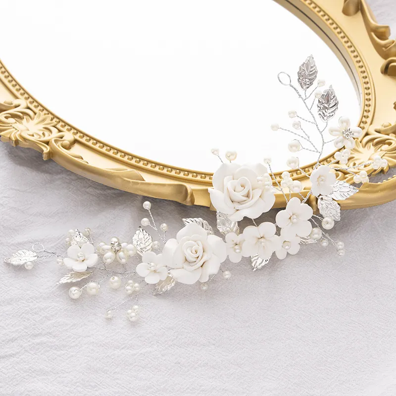 Elegant Bridal Headband With White Soft Clay Flower Artificial Pearl Rhinestone Silver Color Floral Hair Vine For Wedding Accessories