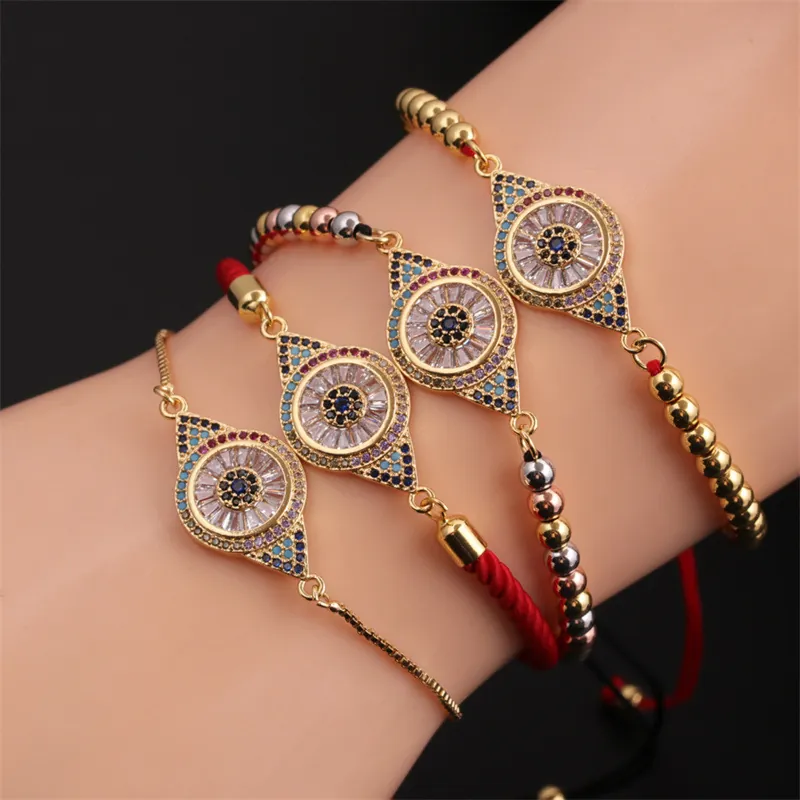 Bracelet Œil Du Mal Cuivre Zircon Réglable Corde Tissée Œil Turc Bijoux Ethniques Vintage