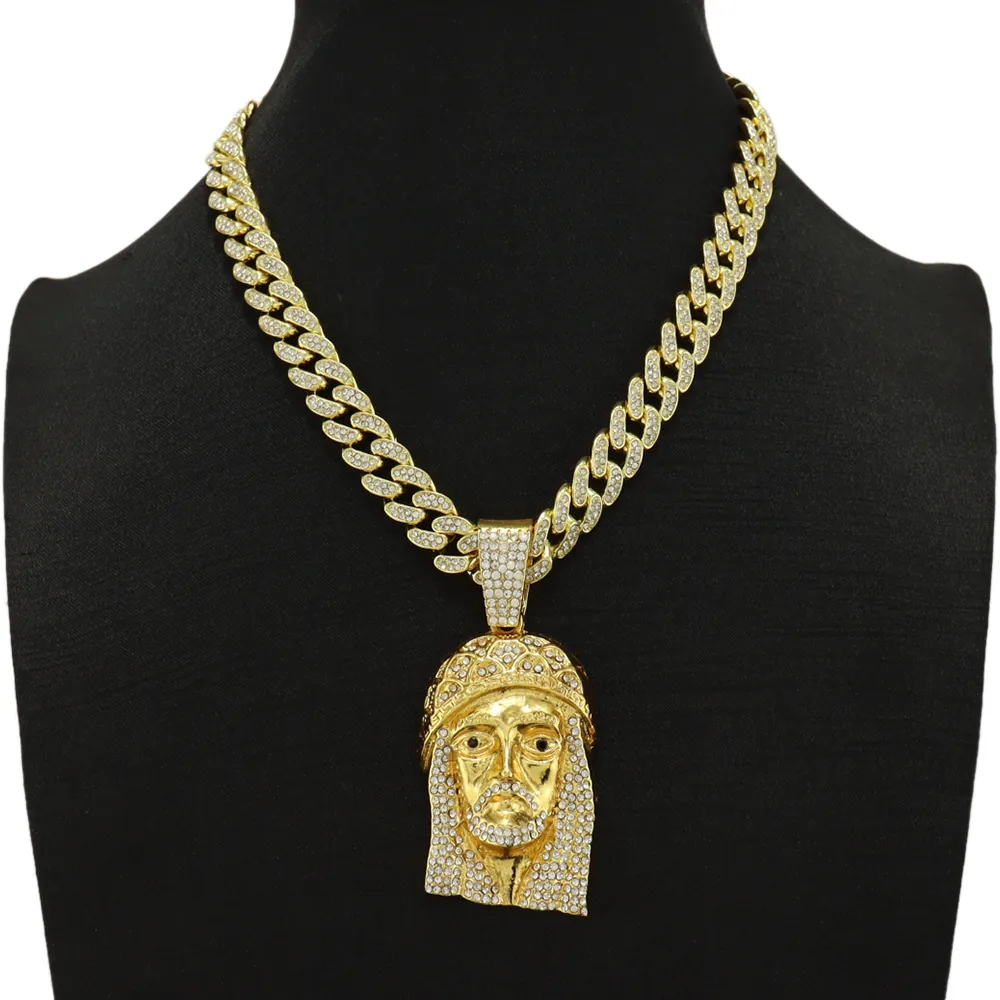 Jesus Pendant Necklace Alloy Iced Out Rhinestone Hip Hop Cuban Link Chain For Men Religious Jewelry Gift