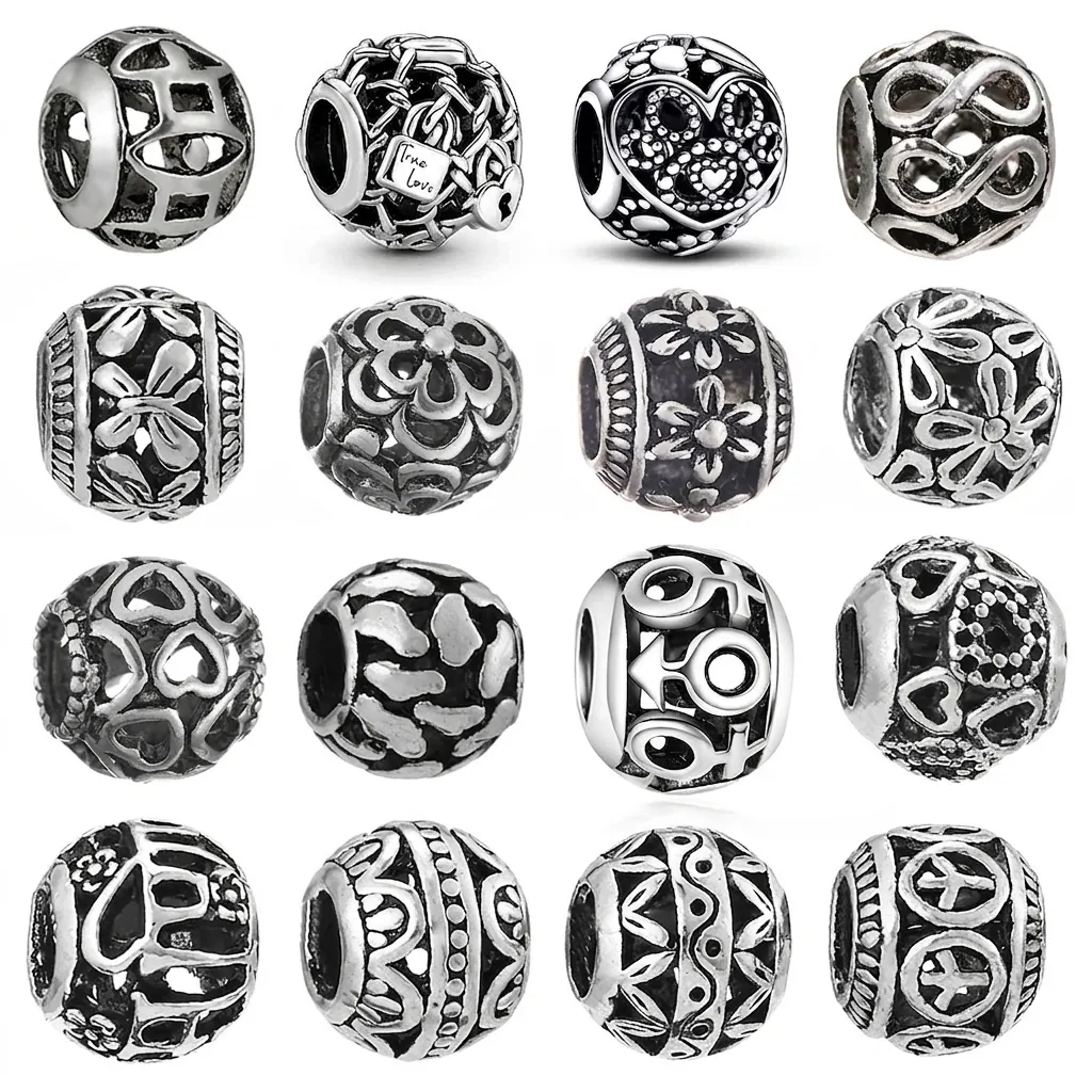 Antique Silver Plated Alloy Hollow Charms Beads Large Hole For DIY Bracelet Making Jewelry Findings Heart Flower