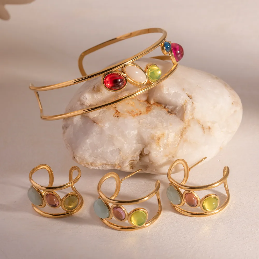 Vintage French 18K Gold Plated Stainless Steel Hoop Earrings Unique Spanish Niche Geometric Jewelry With Colorful Stones