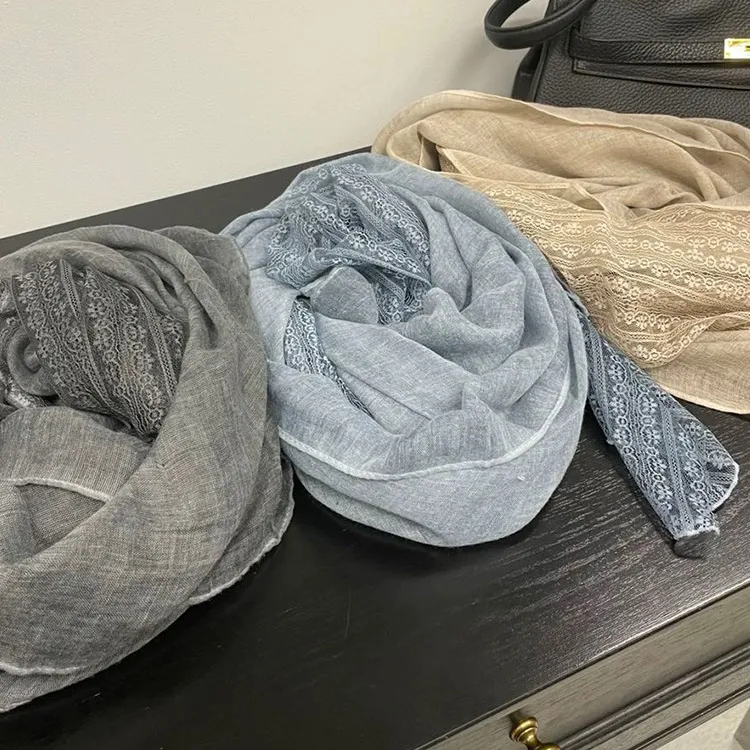 Women Lightweight Cotton Linen Scarf With Lace Edge Thin Breathable Shawl Wrap Solid Color Fashion Soft