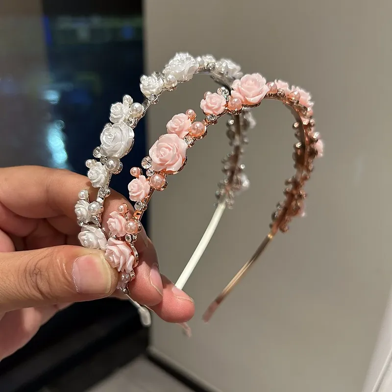 Sweet Rose Flower Headband With Faux Artificial Pearls And Rhinestones Alloy Hair Hoop For Women Elegant Floral Hair Accessories