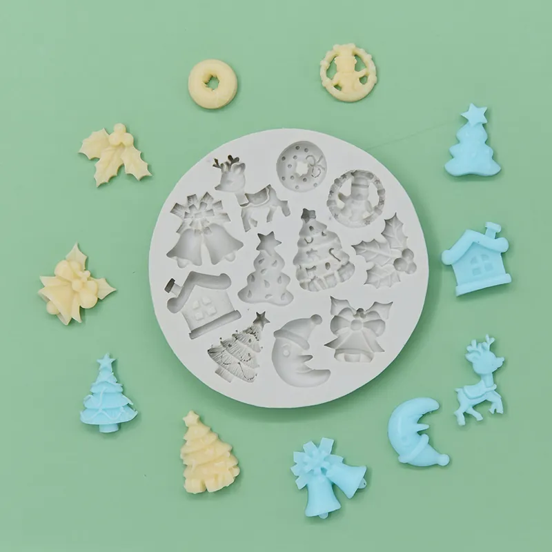 Moule Silicone Noël Rond Fondant Chocolat Décoration Gâteau Renne Sapin Cloche Maison Lune Forme DIY Pâtisserie Décor