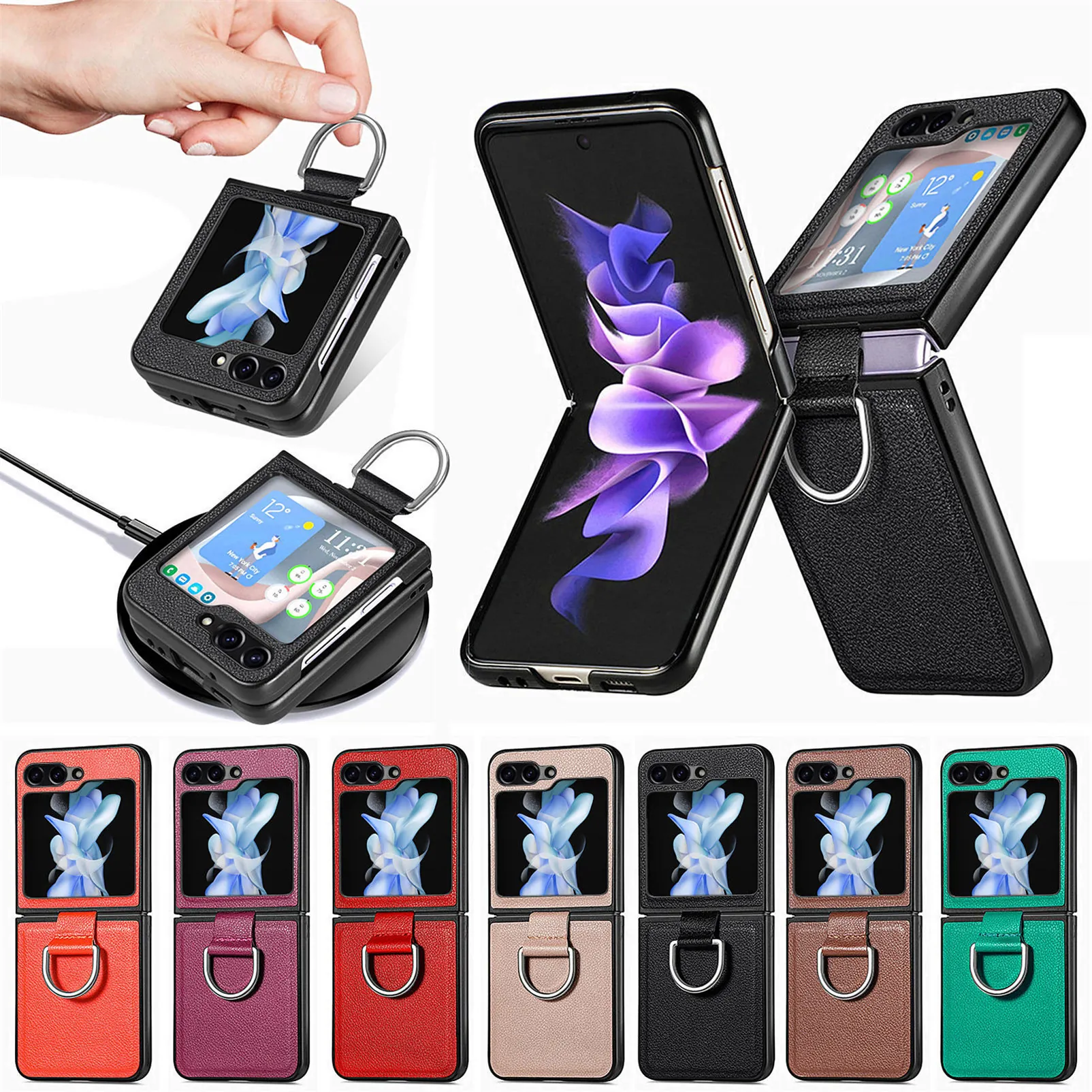 PU Leather Litchi Pattern Phone Case For Samsung Galaxy Z Flip 7 6 5 4 3 With Metal Ring Holder Shockproof Protective Cover
