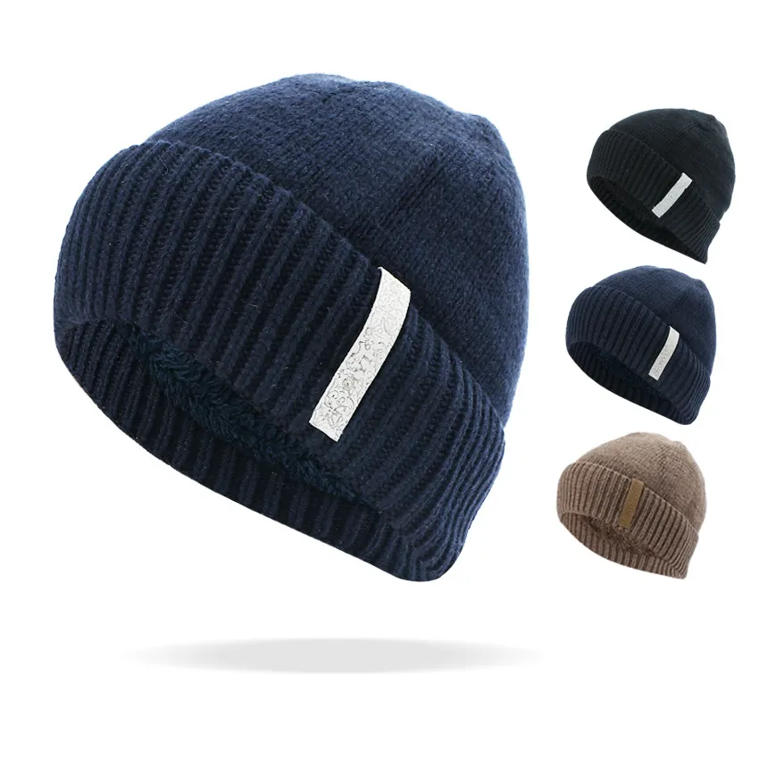 Men Winter Knitted Beanie Hat Fleece Lined Thickened Ribbed Cuff Warm Windproof Outdoor Acrylic